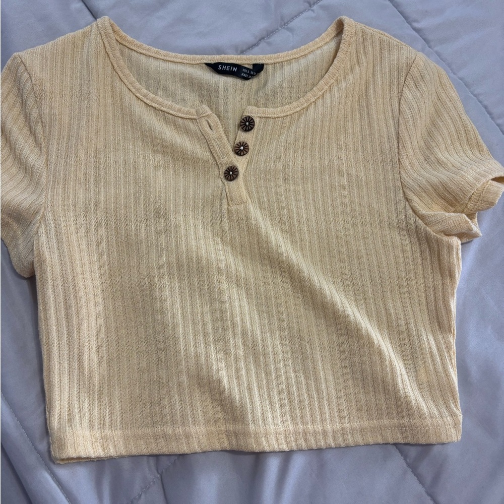SHEIN Cream Ribbed Crop Polo T-Shirt